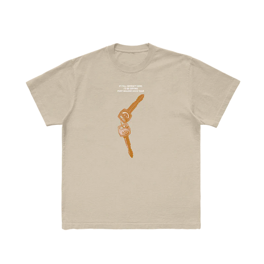 Post Malone Sand Keys T-Shirt front view featuring Austin motel room key artwork with If Y’all Weren’t Here I’d Be Crying Tour branding printed on a vintage sand-colored cotton tee from the Austin merchandise collection