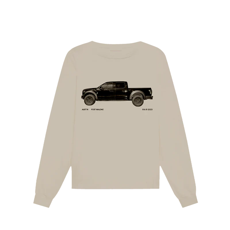 Post Malone Sand Truck Longsleeve front view featuring black pickup truck artwork inspired by the Austin album era, with Austin Post Malone 2023 branding printed on a vintage sand-colored long sleeve T-shirt