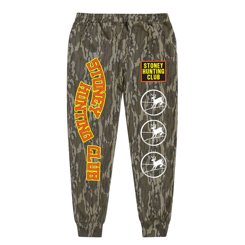 Post Malone Stoney Hunting Club camo sweatpants front view featuring hunting club graphics, target icons and outdoor streetwear design