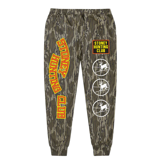 Post Malone Stoney Hunting Club camo sweatpants front view featuring hunting club graphics, target icons and outdoor streetwear design