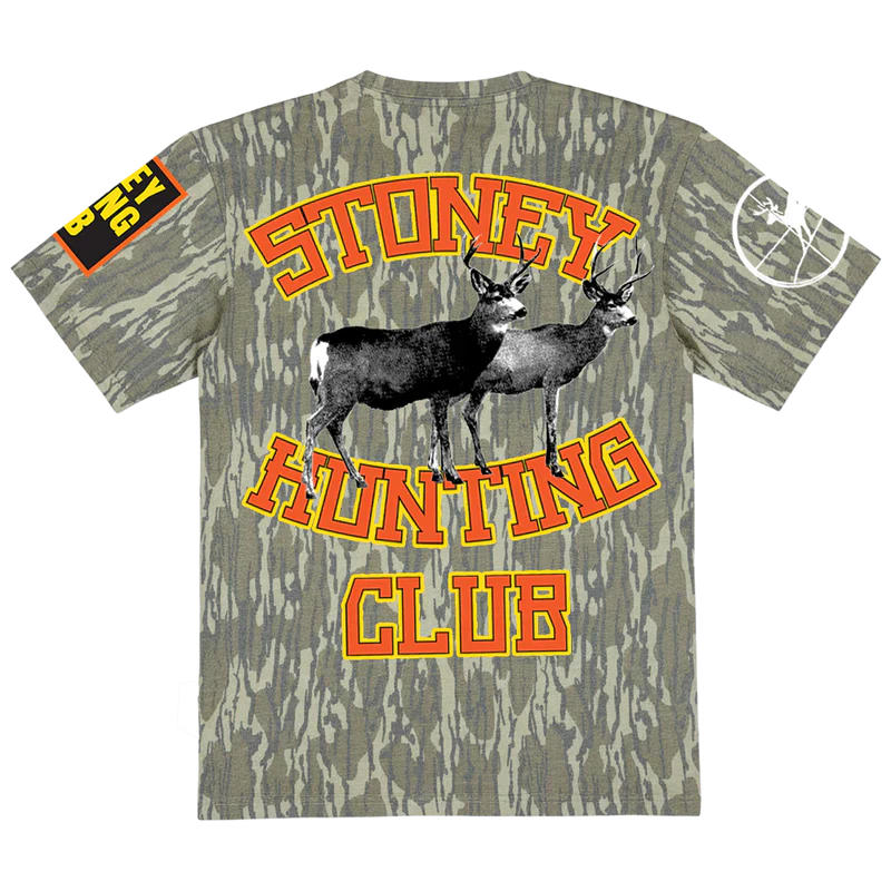 Post Malone Stoney Hunting Club camo t shirt back view featuring deer graphics, hunting club lettering and camouflage outdoor artwork