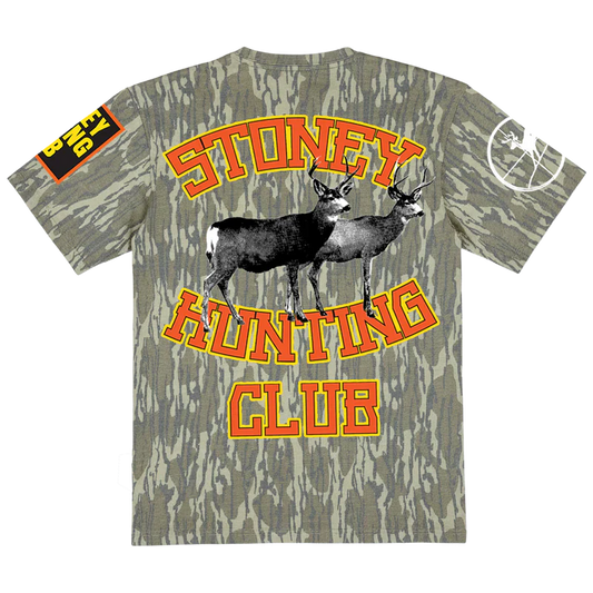 Post Malone Stoney Hunting Club camo t shirt back view featuring deer graphics, hunting club lettering and camouflage outdoor artwork