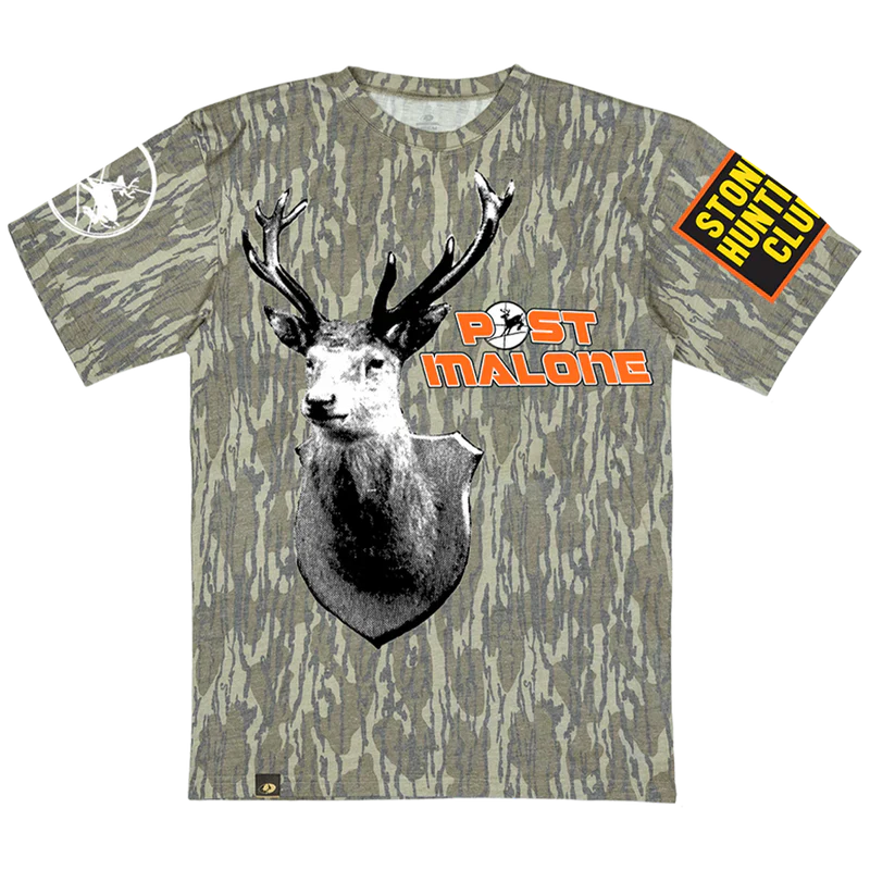 Post Malone Stoney Hunting Club camo t shirt front view featuring deer mount graphic, hunting club patch and outdoor camo design
