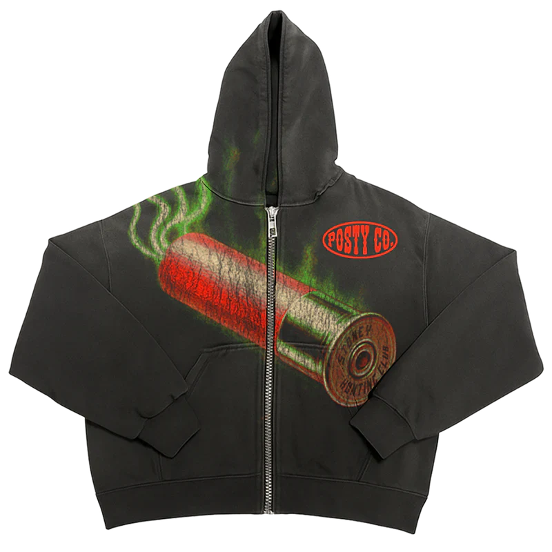 Post Malone Stoney Hunting Club Zip Up Hoodie front view featuring oversized shotgun shell graphic and Posty Co logo on black zip hoodie