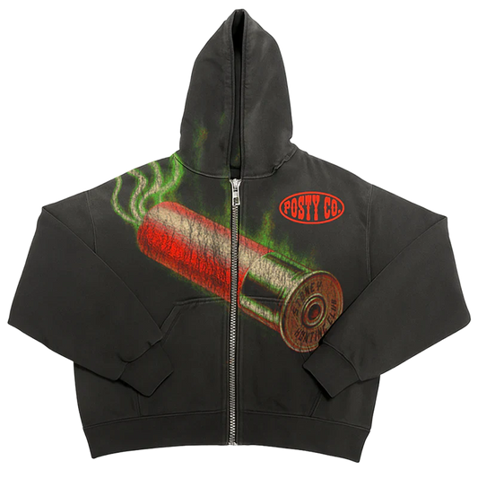 Post Malone Stoney Hunting Club Zip Up Hoodie front view featuring oversized shotgun shell graphic and Posty Co logo on black zip hoodie
