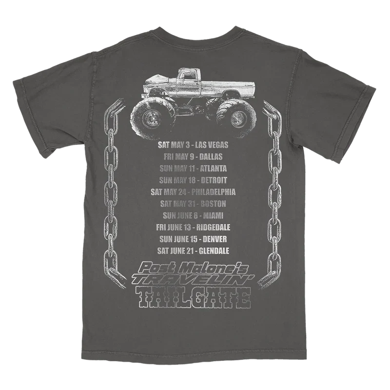 Post Malone Tailgate Tee back view featuring monster truck illustration, Travelin’ Tailgate branding, and Big Ass Stadium Tour city dates framed by chain graphics on a vintage washed charcoal concert T-shirt