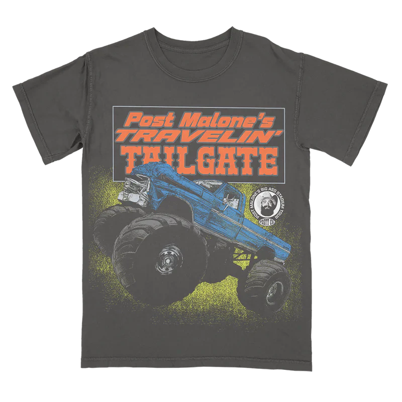 Post Malone Tailgate Tee front view featuring oversized monster truck artwork, Travelin’ Tailgate graphic, Posty Co branding, and Big Ass Stadium Tour inspired design printed on a vintage washed charcoal T-shirt