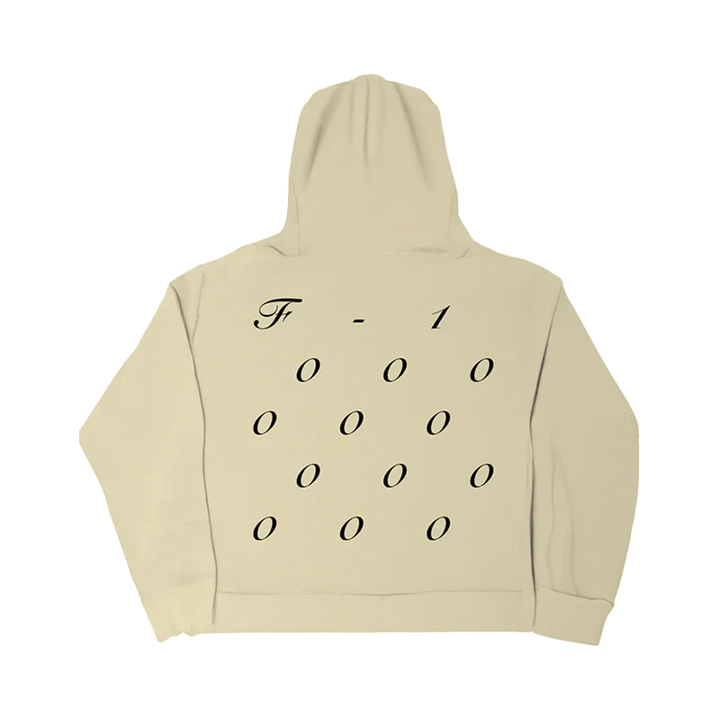 Post Malone Tire Hoodie back view featuring large F-1 graphic typography with rows of spaced zero-style characters printed in black on a sand-colored heavyweight hoodie from the F-1 Trillion merchandise collection