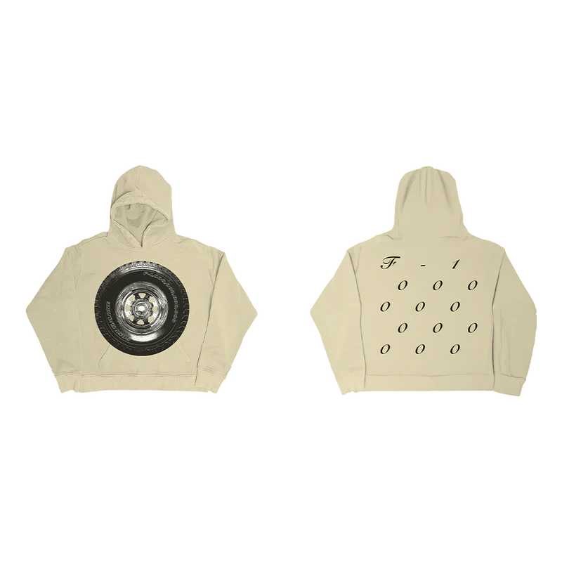 Post Malone Tire Hoodie front-back view showing the sand-colored pullover hoodie with oversized tire graphic on the front and F-1 Trillion inspired typography across the back, presenting both main product views together