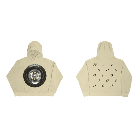 Post Malone Tire Hoodie front-back view showing the sand-colored pullover hoodie with oversized tire graphic on the front and F-1 Trillion inspired typography across the back, presenting both main product views together
