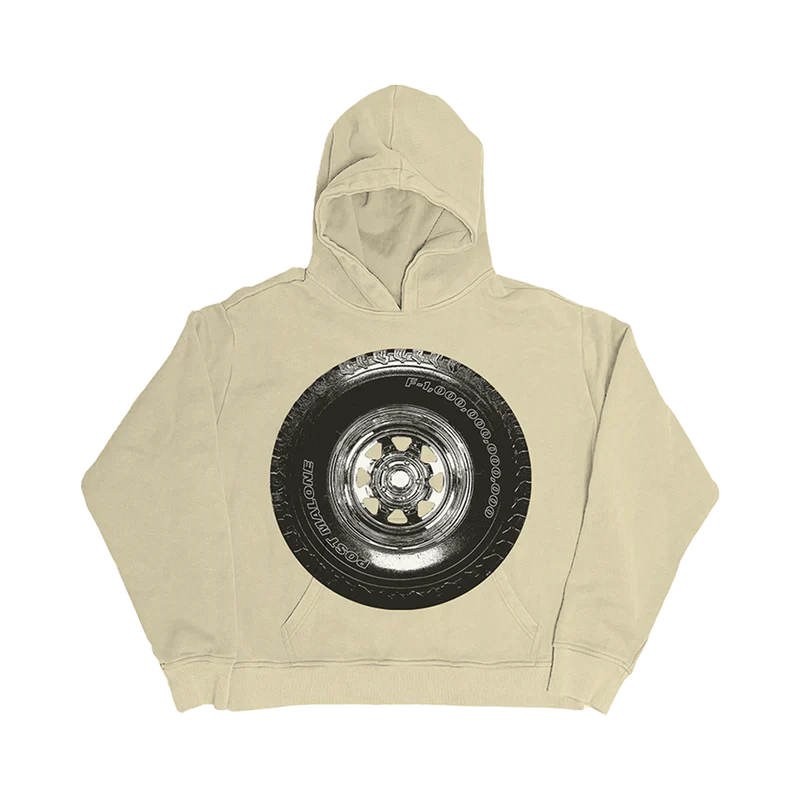 Post Malone Tire Hoodie front view featuring oversized chrome wheel and truck tire artwork with Post Malone and F-1 Trillion inspired detailing printed above the kangaroo pocket on a sand-colored heavyweight pullover hoodie