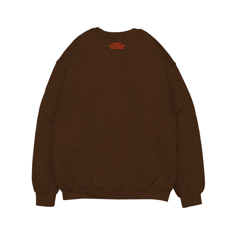 Post Malone Too Cool To Die crewneck back view with Austin 2023 logo detail on brown heavyweight sweatshirt