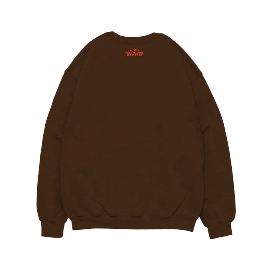 Post Malone Too Cool To Die crewneck back view with Austin 2023 logo detail on brown heavyweight sweatshirt