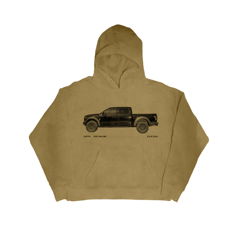 Post Malone Truck Hoodie front view featuring black pickup truck artwork inspired by the Austin album era, with Austin Post Malone 2023 branding printed on a sand-colored heavyweight pullover hoodie from the Austin merchandise collection