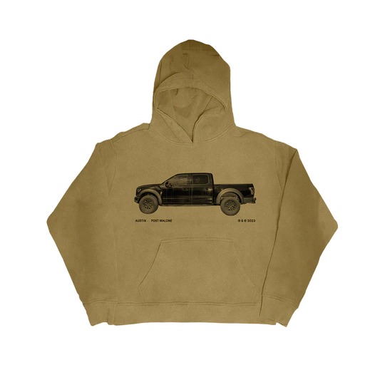 Post Malone Truck Hoodie front view featuring black pickup truck artwork inspired by the Austin album era, with Austin Post Malone 2023 branding printed on a sand-colored heavyweight pullover hoodie from the Austin merchandise collection