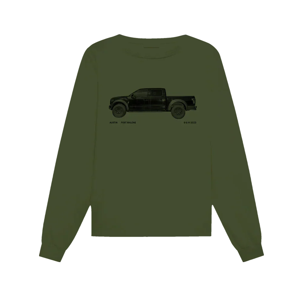 Post Malone Truck Tour Longsleeve front view in olive green featuring Austin album inspired black pickup truck graphic with minimalist Post Malone artwork and long sleeve streetwear design for fans of the Austin era merchandise
