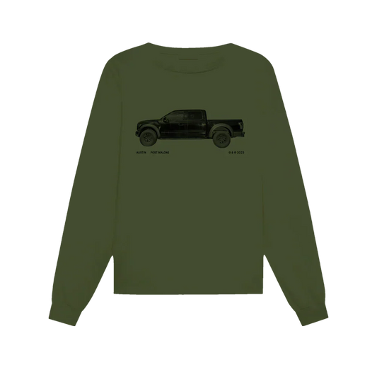 Post Malone Truck Tour Longsleeve front view in olive green featuring Austin album inspired black pickup truck graphic with minimalist Post Malone artwork and long sleeve streetwear design for fans of the Austin era merchandise
