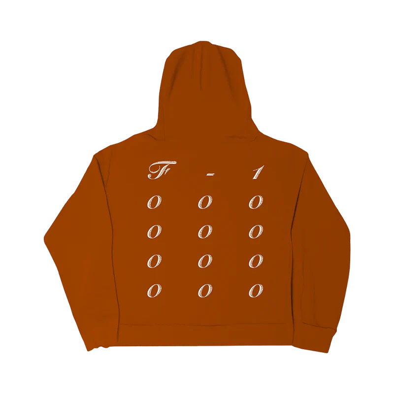 Post Malone Twelve Zeros hoodie back view in orange featuring minimalist Twelve Zeros stacked zero graphic design on the back