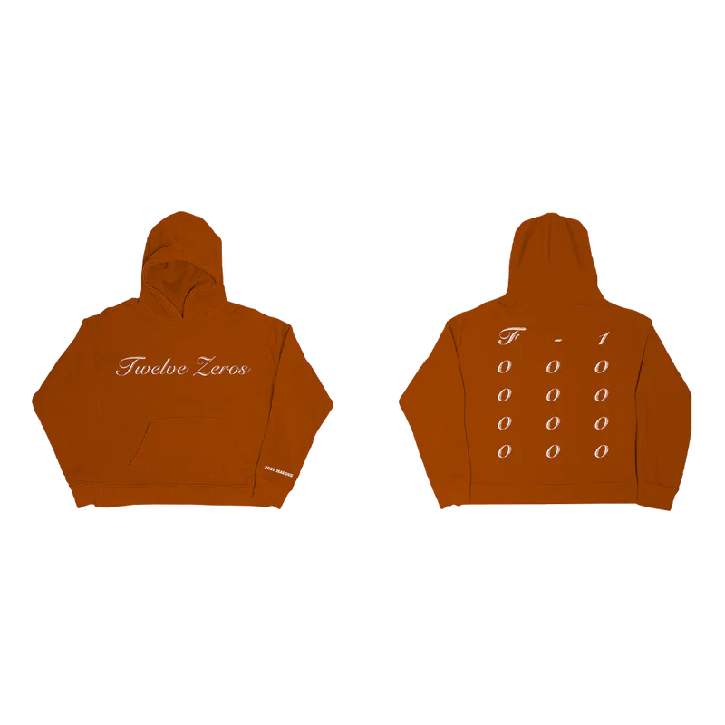 Post Malone Twelve Zeros hoodie front and back view in orange featuring Twelve Zeros script logo and stacked zero graphic artwork
