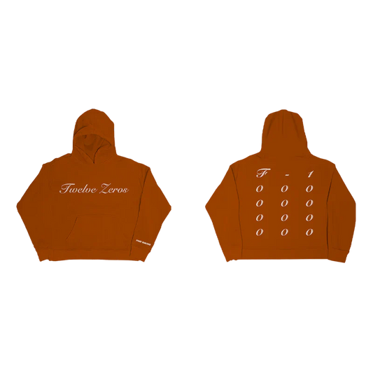 Post Malone Twelve Zeros hoodie front and back view in orange featuring Twelve Zeros script logo and stacked zero graphic artwork
