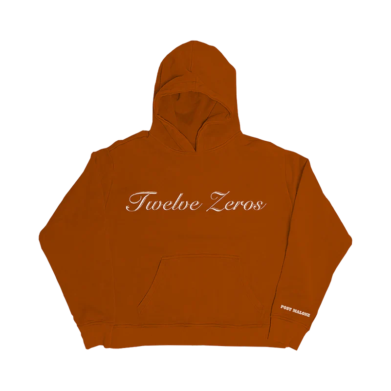 Post Malone Twelve Zeros hoodie front view in orange featuring elegant Twelve Zeros script logo across the chest