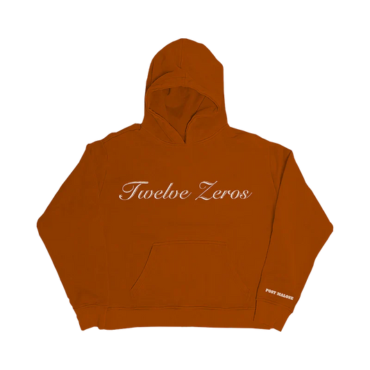 Post Malone Twelve Zeros hoodie front view in orange featuring elegant Twelve Zeros script logo across the chest