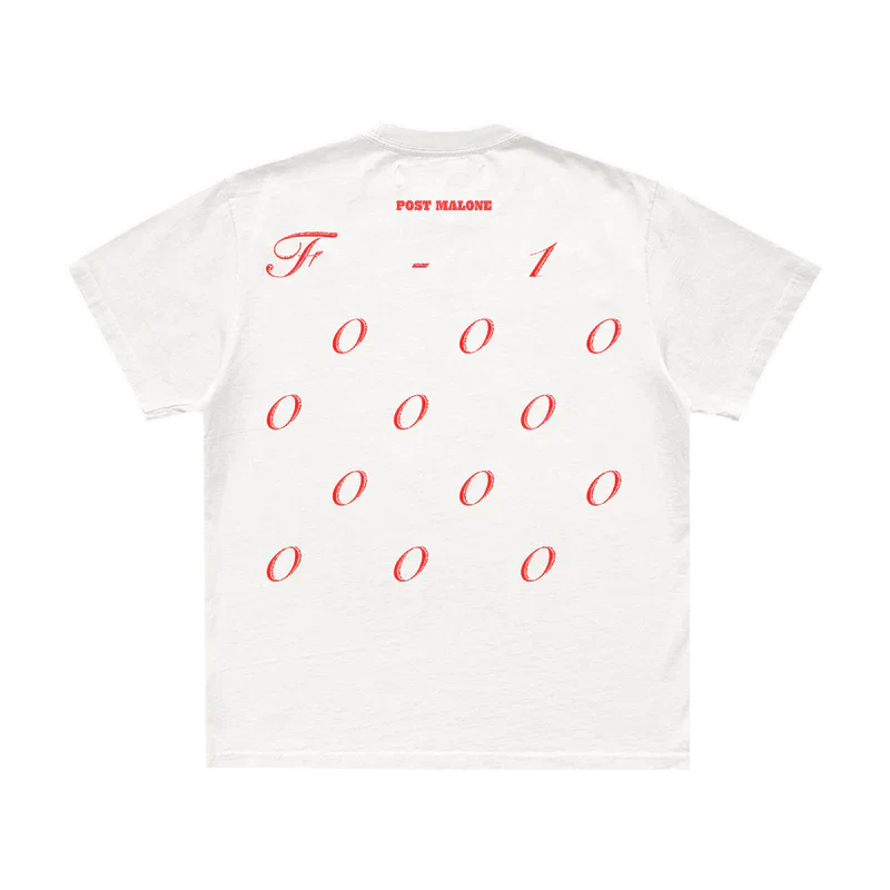 Post Malone Twelve Zeros T-Shirt back view featuring F-1 inspired numeric graphic with repeating zero artwork and Post Malone branding on white tee
