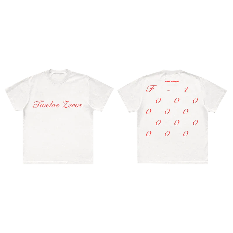Post Malone Twelve Zeros T-Shirt front and back view featuring Twelve Zeros script graphic and F-1 inspired numeric artwork on white tee