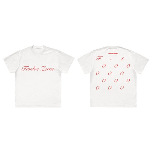 Post Malone Twelve Zeros T-Shirt front and back view featuring Twelve Zeros script graphic and F-1 inspired numeric artwork on white tee