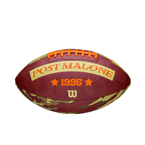 Detailed front view of Wilson x Post Malone Tailgate Football featuring 1995 branding, Post Malone logo and textured finish