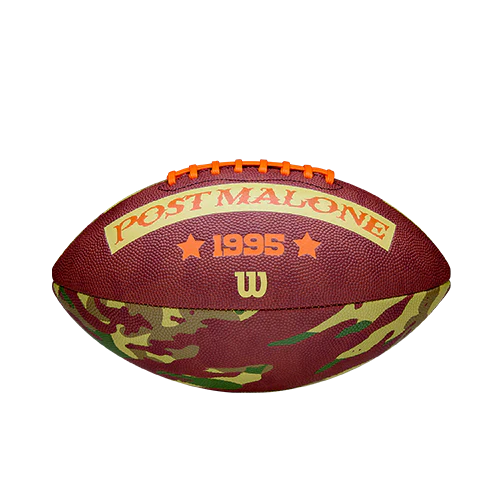 Wilson x Post Malone Tailgate Football front view highlighting Post Malone wordmark, 1995 graphic and orange lace detail