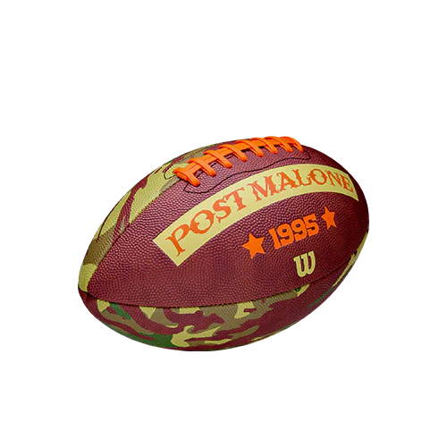 Angled view of Wilson x Post Malone Tailgate Football featuring Post Malone branding, 1995 graphic and camo artwork design