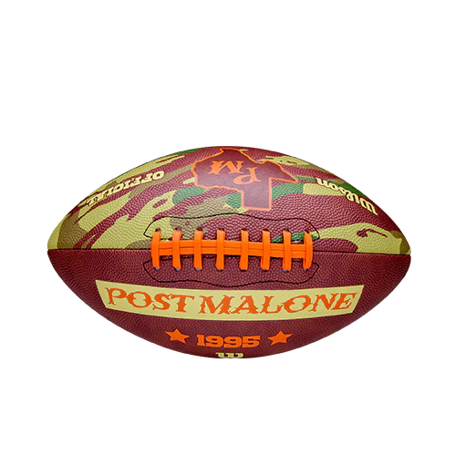 Wilson x Post Malone Tailgate Football front view featuring camo design, Post Malone logo, orange laces and 1995 branding