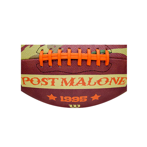 Close up detail of Wilson x Post Malone Tailgate Football showing Post Malone logo, orange laces and 1995 graphic