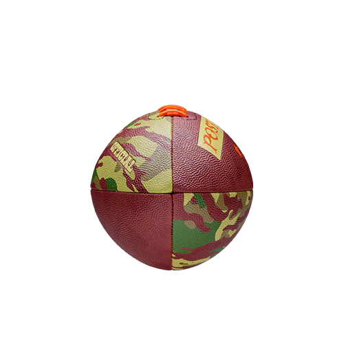 Wilson x Post Malone Tailgate Football side view displaying camouflage pattern, panel construction and collaboration graphics