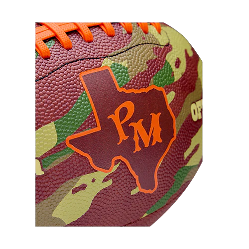 Close up of Texas PM logo on Wilson x Post Malone Tailgate Football with camouflage print and textured surface detail