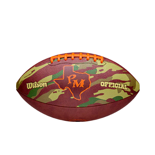 Wilson x Post Malone Tailgate Football front view with Texas PM logo, camouflage pattern and official collaboration branding